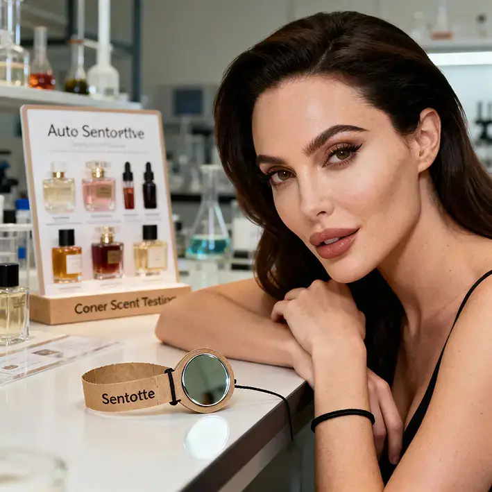 Corner scent-testing na oficina – stand de teste de fragrâncias e experiência multisensorial para escolha de acessórios perfumados﻿﻿